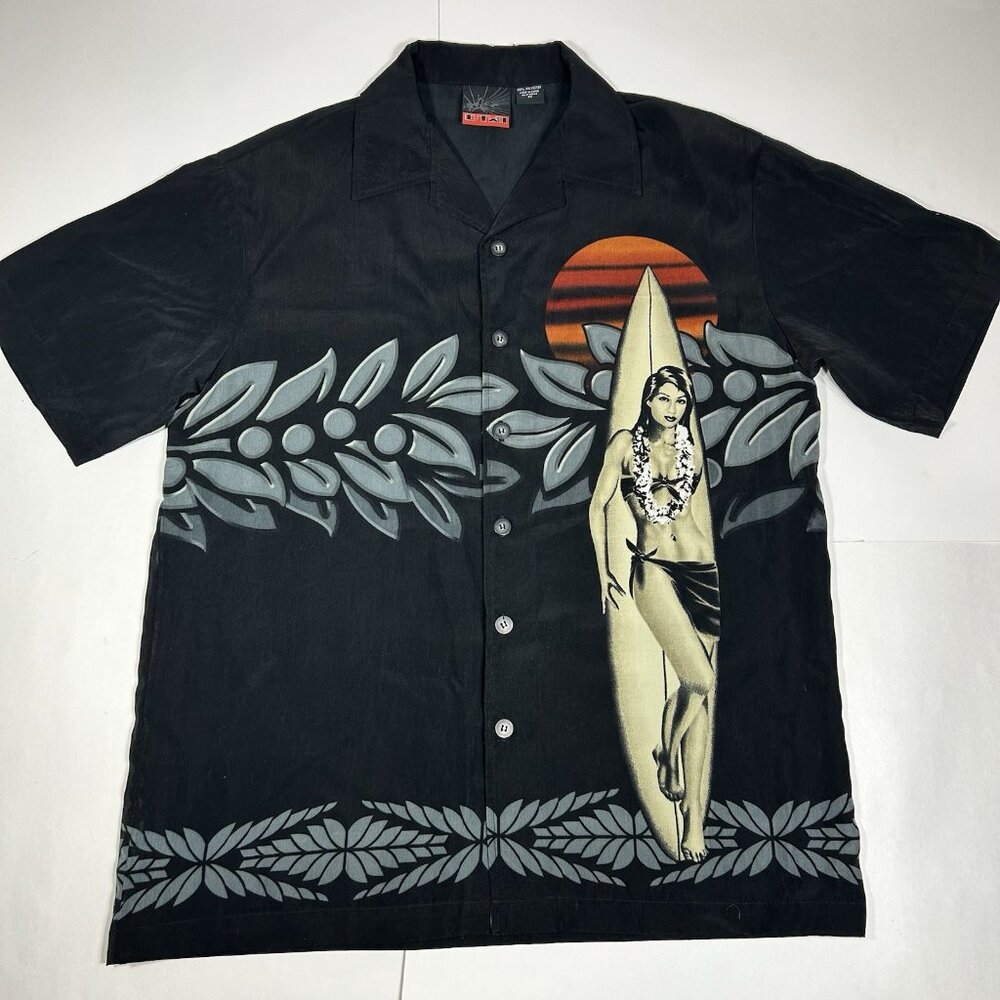 Vtg C-Two Hawaiian Shirt Surfer Girl Red Sunset Surf Board Rockabilly Men Sz M